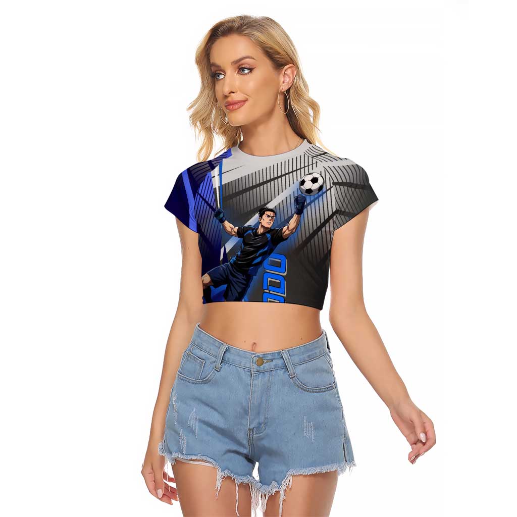 Personalized Aoi Todo Jujutsu Kaisen Raglan Cropped T Shirt with Blue Gradient and Goalkeeper Action Design