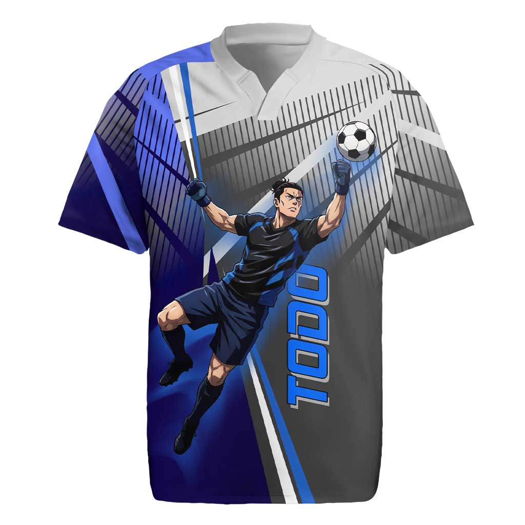 Personalized Aoi Todo Jujutsu Kaisen Rugby Jersey with Blue Gradient and Goalkeeper Action Design