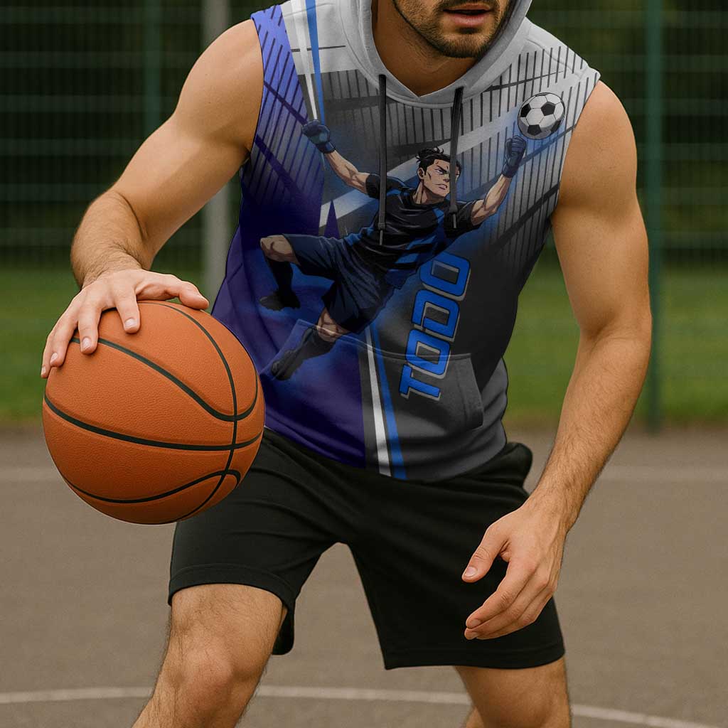 Personalized Aoi Todo Jujutsu Kaisen Sleeveless Hoodie with Blue Gradient and Goalkeeper Action Design