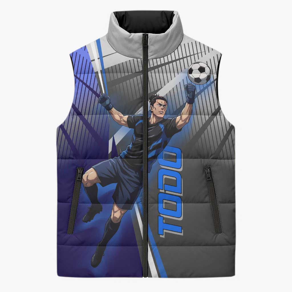 Personalized Aoi Todo Jujutsu Kaisen Sleeveless Puffer Jacket with Blue Gradient and Goalkeeper Action Design