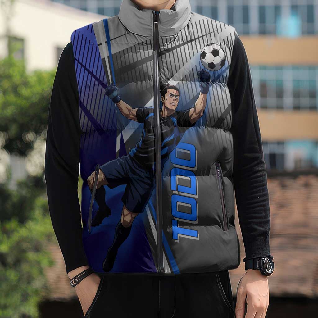 Personalized Aoi Todo Jujutsu Kaisen Sleeveless Puffer Jacket with Blue Gradient and Goalkeeper Action Design