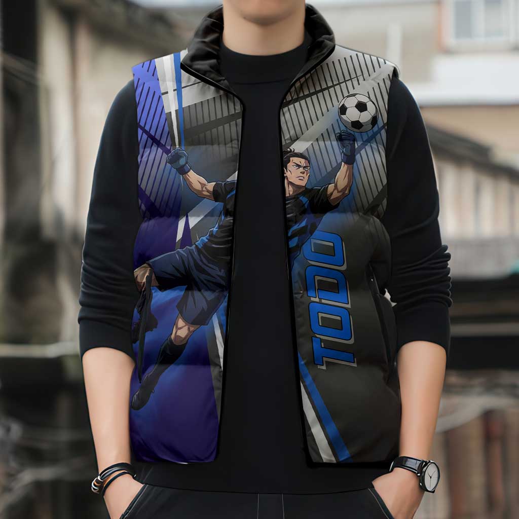 Personalized Aoi Todo Jujutsu Kaisen Sleeveless Puffer Jacket with Blue Gradient and Goalkeeper Action Design