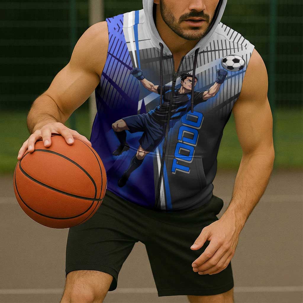 Personalized Aoi Todo Jujutsu Kaisen Sleeveless Zip Hoodie with Blue Gradient and Goalkeeper Action Design