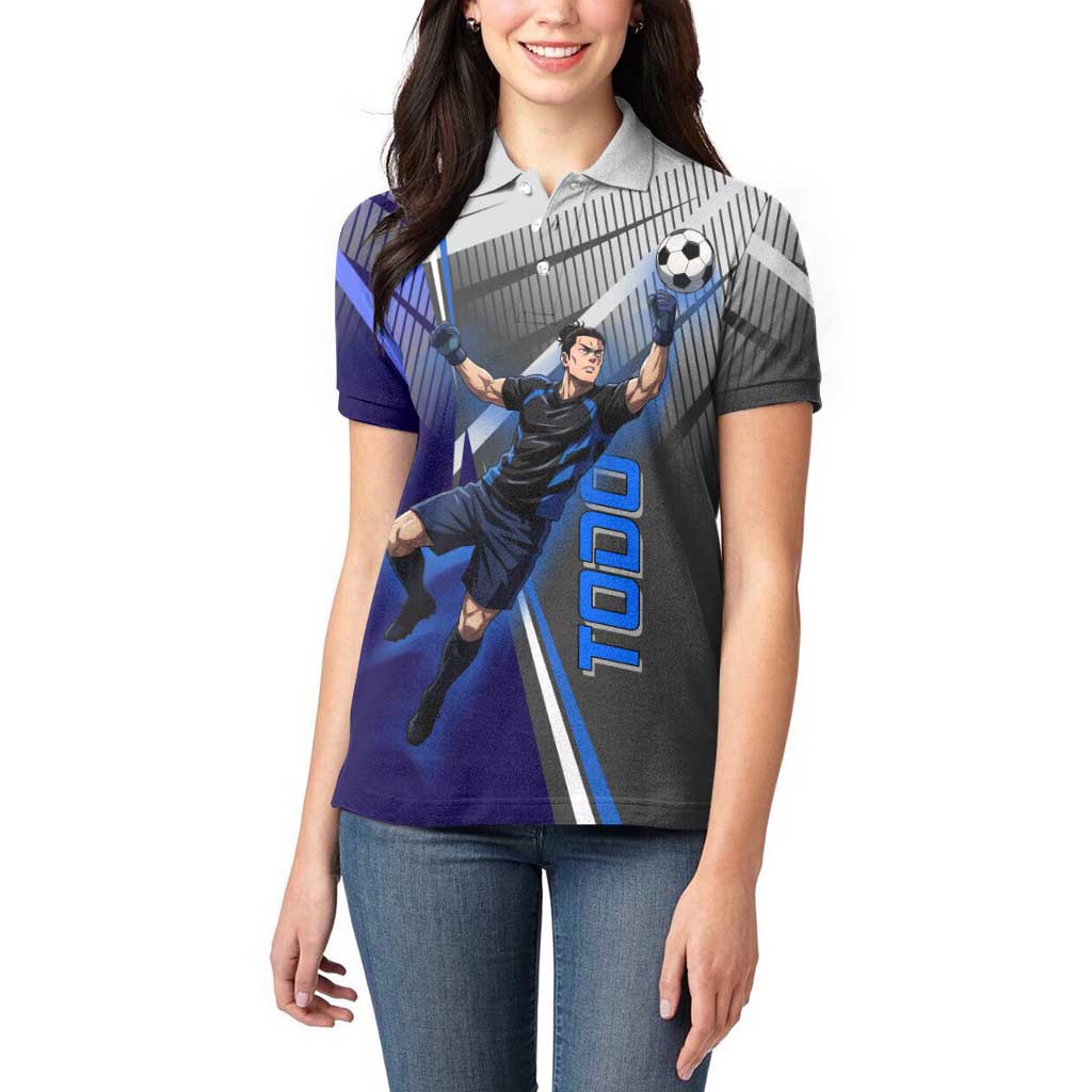 Personalized Aoi Todo Jujutsu Kaisen Women Polo Shirt with Blue Gradient and Goalkeeper Action Design