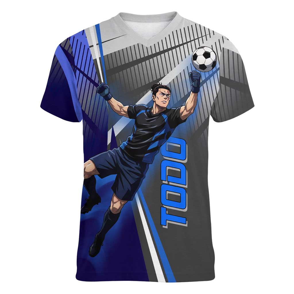Personalized Aoi Todo Jujutsu Kaisen Women V-Neck T-Shirt with Blue Gradient and Goalkeeper Action Design