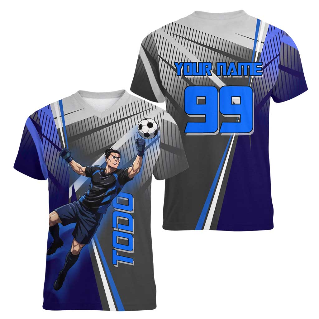 Personalized Aoi Todo Jujutsu Kaisen Women V-Neck T-Shirt with Blue Gradient and Goalkeeper Action Design