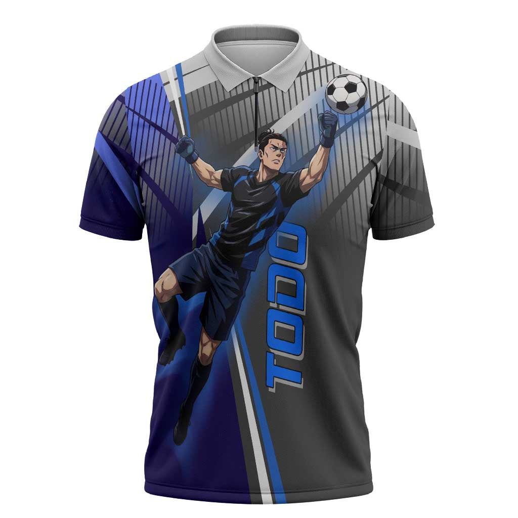 Personalized Aoi Todo Jujutsu Kaisen Zipper Polo Shirt with Blue Gradient and Goalkeeper Action Design