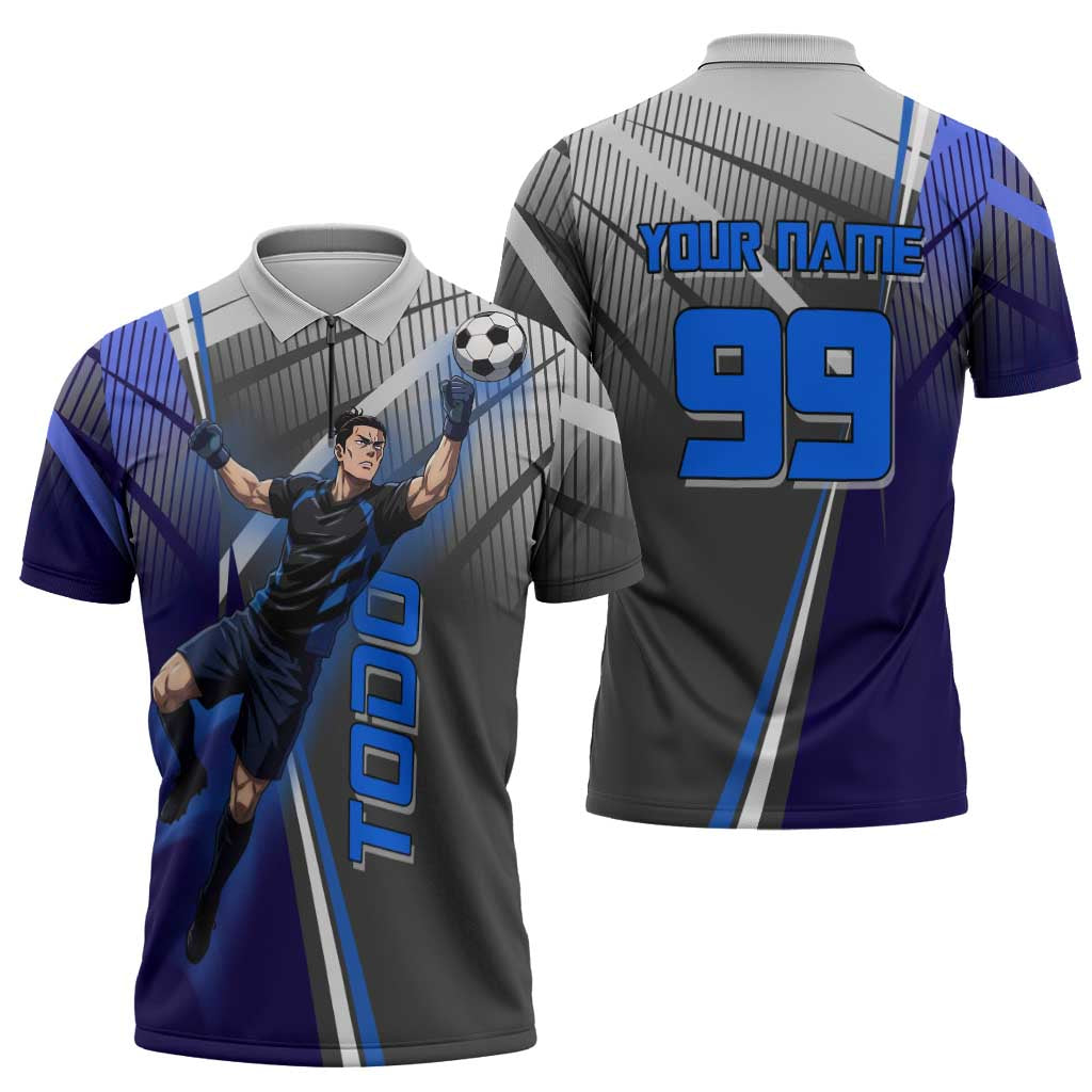 Personalized Aoi Todo Jujutsu Kaisen Zipper Polo Shirt with Blue Gradient and Goalkeeper Action Design