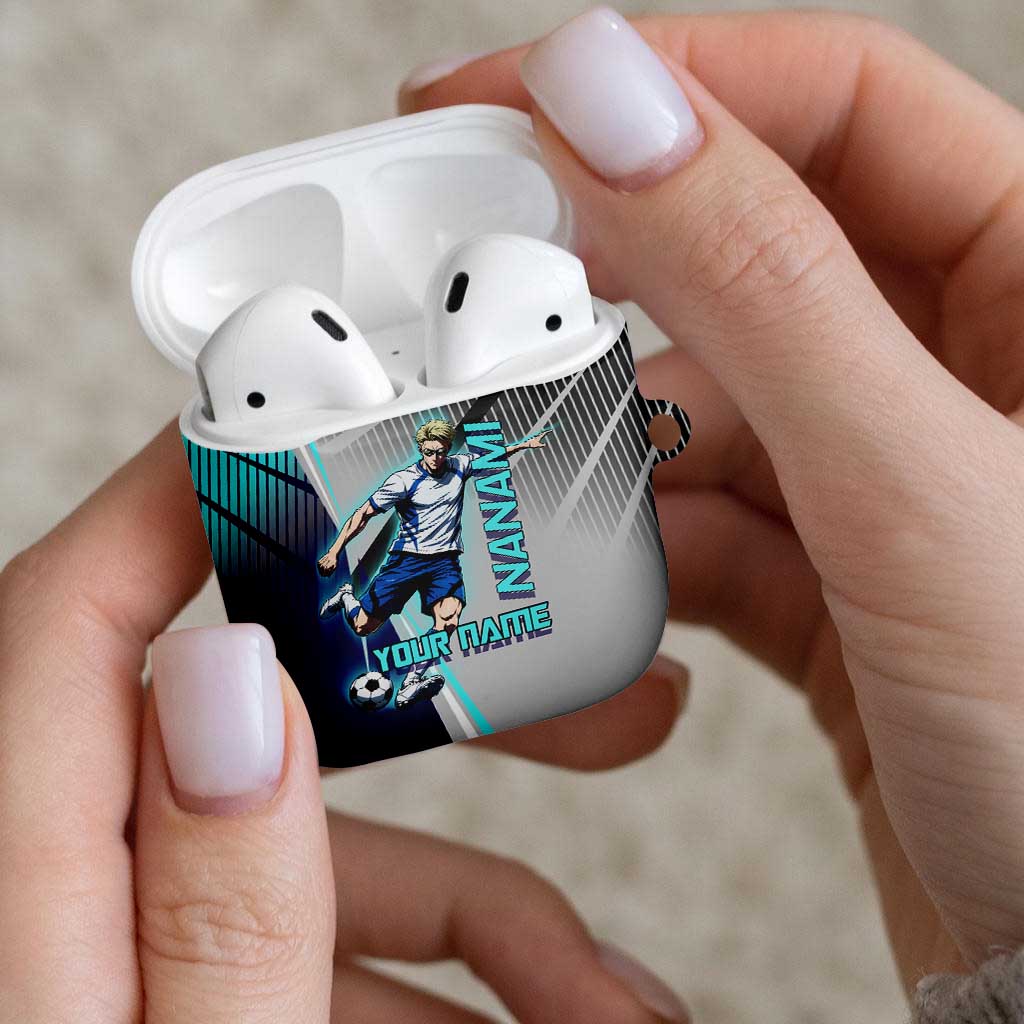Personalized Nanami Kento Jujutsu Kaisen AirPods Case with Teal Highlights and Dynamic Kick Pose