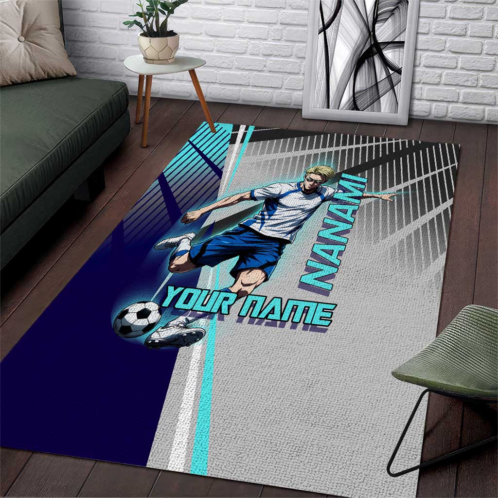 Personalized Nanami Kento Jujutsu Kaisen Area Rug with Teal Highlights and Dynamic Kick Pose