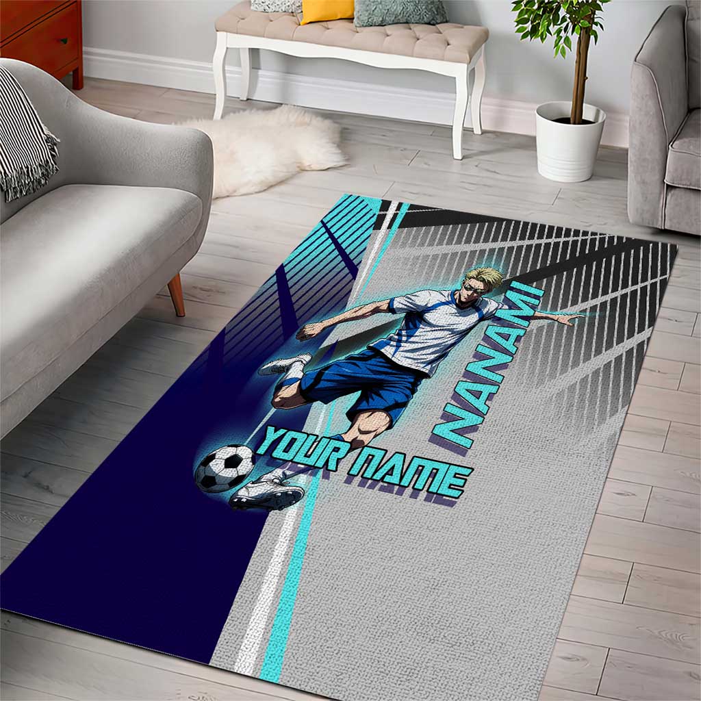Personalized Nanami Kento Jujutsu Kaisen Area Rug with Teal Highlights and Dynamic Kick Pose