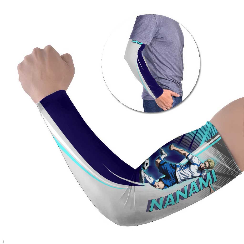 Personalized Nanami Kento Jujutsu Kaisen Arm Sleeves with Teal Highlights and Dynamic Kick Pose