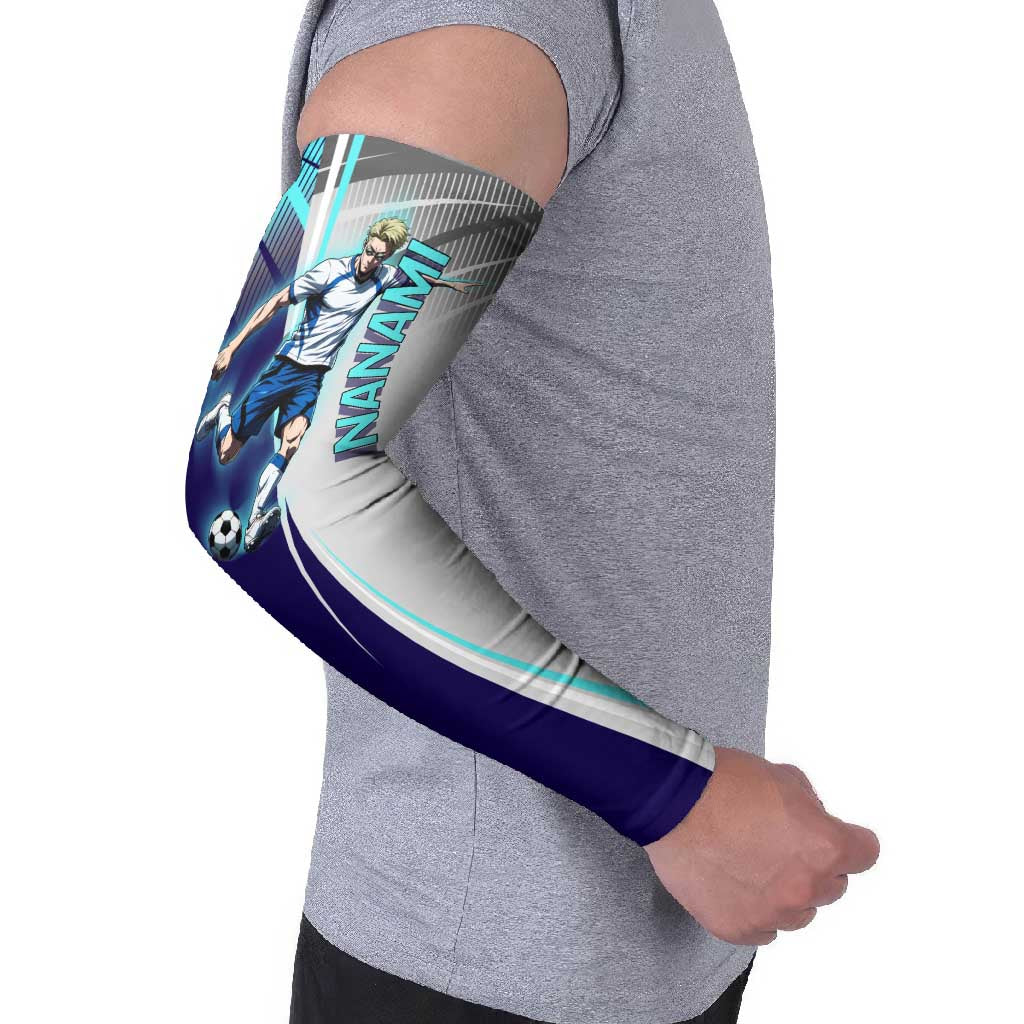Personalized Nanami Kento Jujutsu Kaisen Arm Sleeves with Teal Highlights and Dynamic Kick Pose