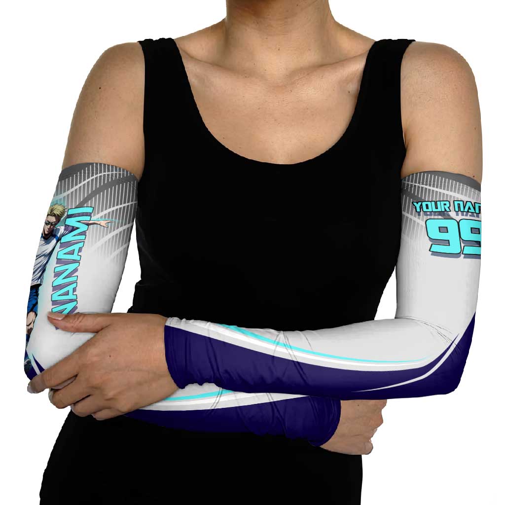Personalized Nanami Kento Jujutsu Kaisen Arm Sleeves with Teal Highlights and Dynamic Kick Pose