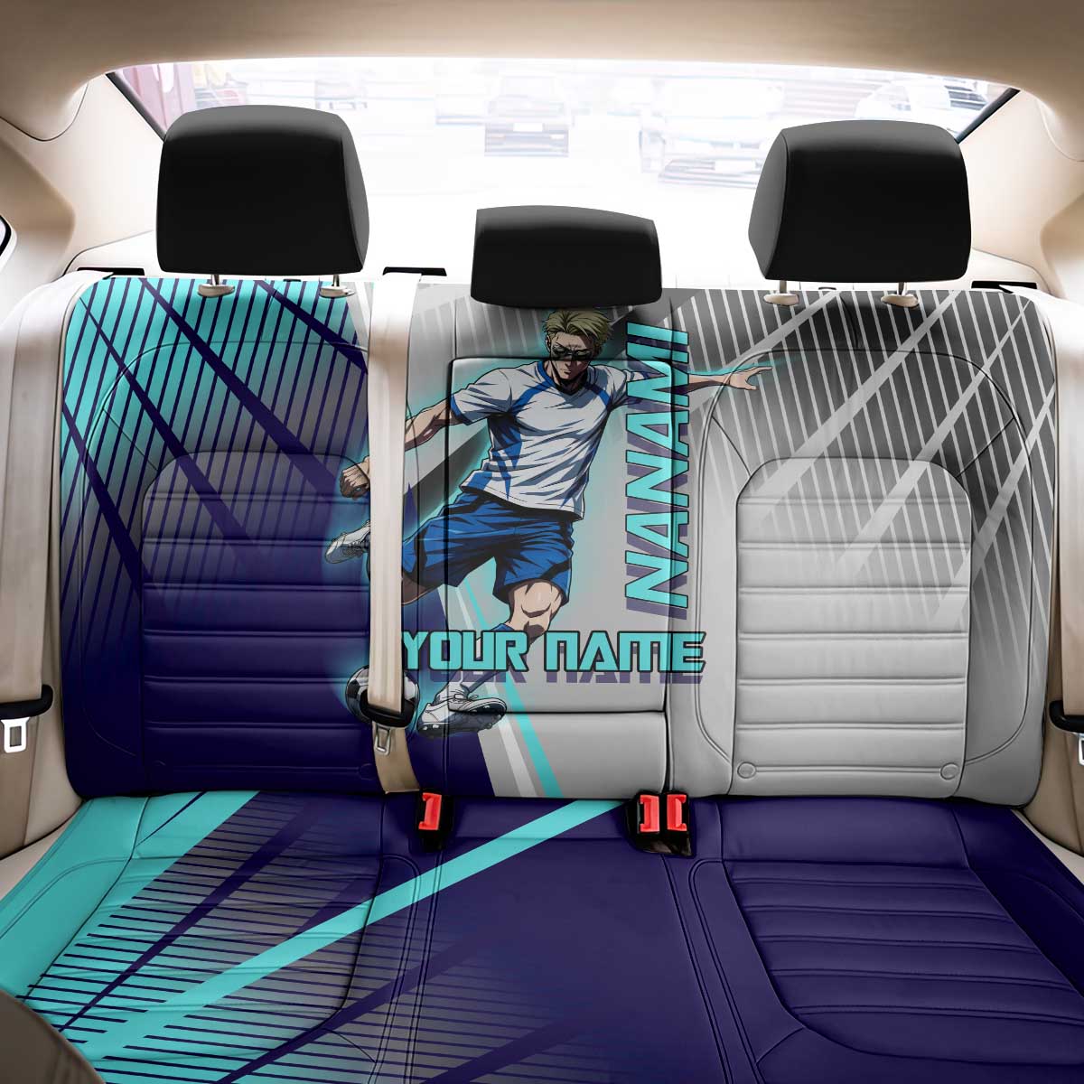 Personalized Nanami Kento Jujutsu Kaisen Back Car Seat Cover with Teal Highlights and Dynamic Kick Pose