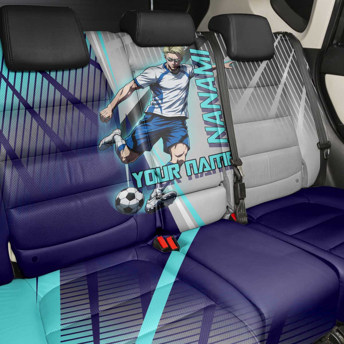 Personalized Nanami Kento Jujutsu Kaisen Back Car Seat Cover with Teal Highlights and Dynamic Kick Pose