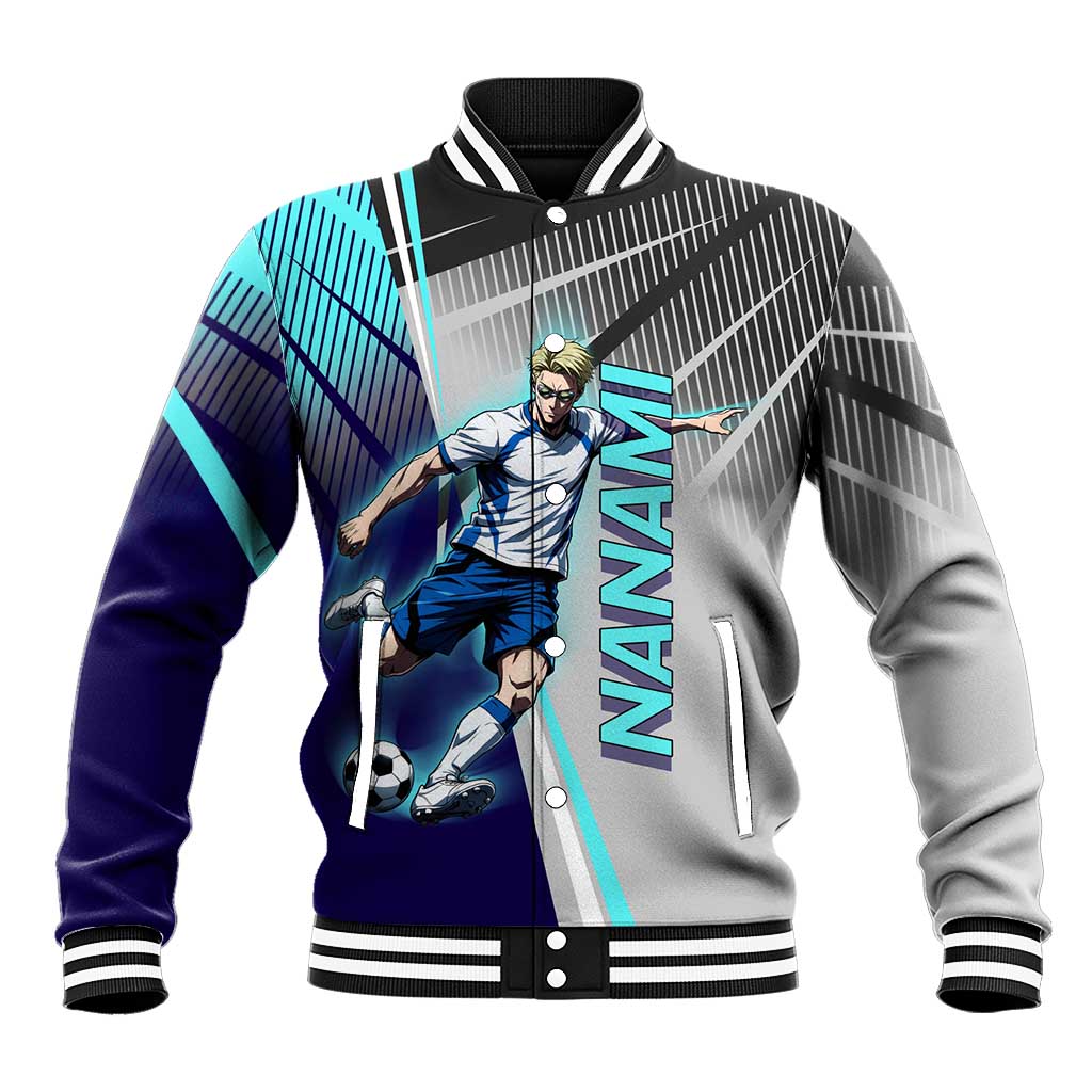 Personalized Nanami Kento Jujutsu Kaisen Baseball Jacket with Teal Highlights and Dynamic Kick Pose