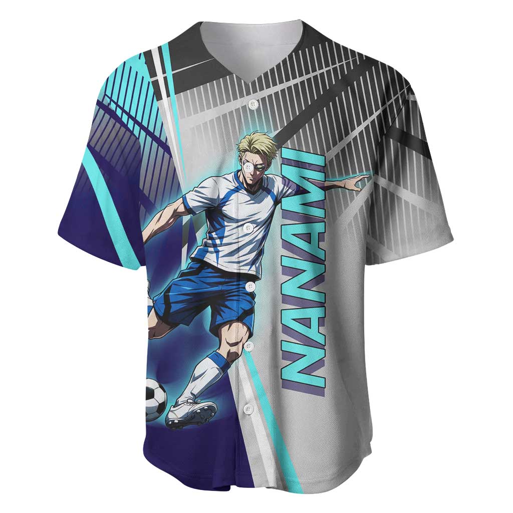 Personalized Nanami Kento Jujutsu Kaisen Baseball Jersey with Teal Highlights and Dynamic Kick Pose