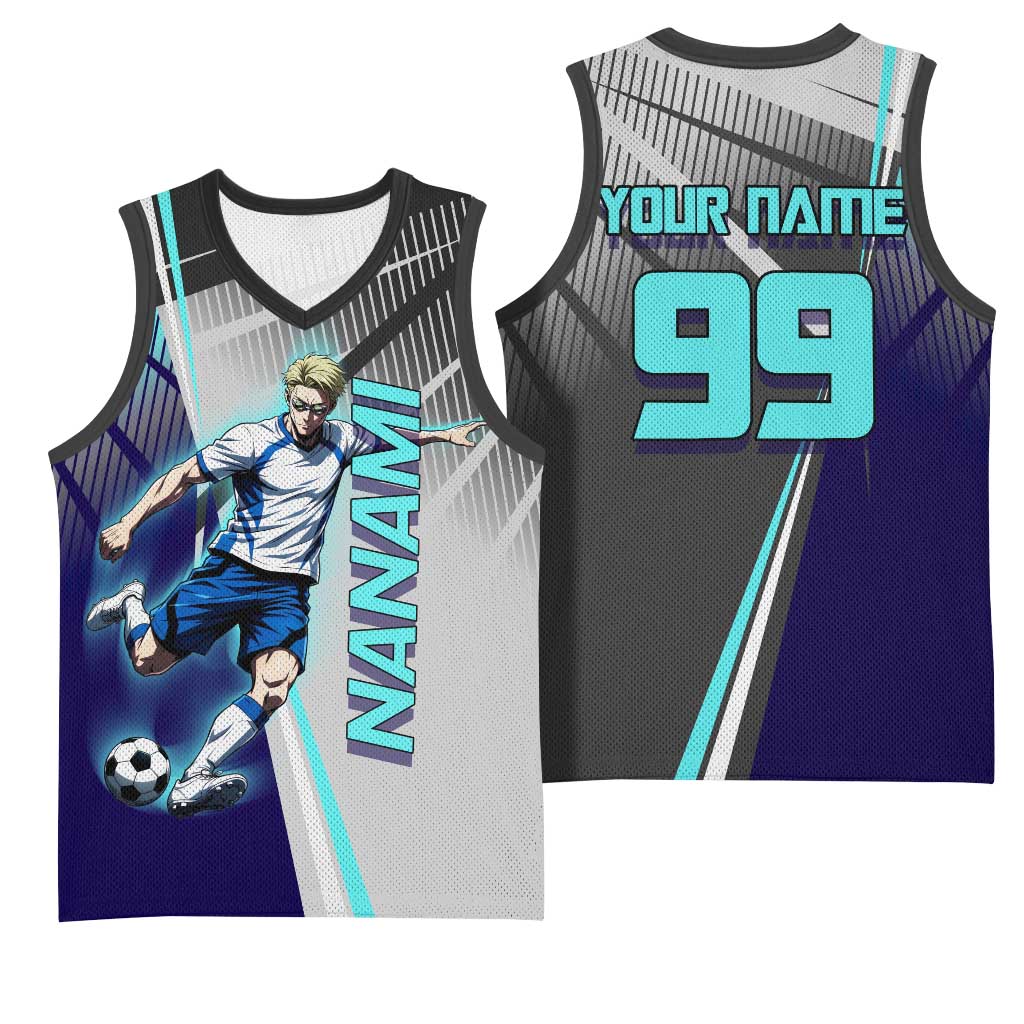 Personalized Nanami Kento Jujutsu Kaisen Basketball Jersey with Teal Highlights and Dynamic Kick Pose