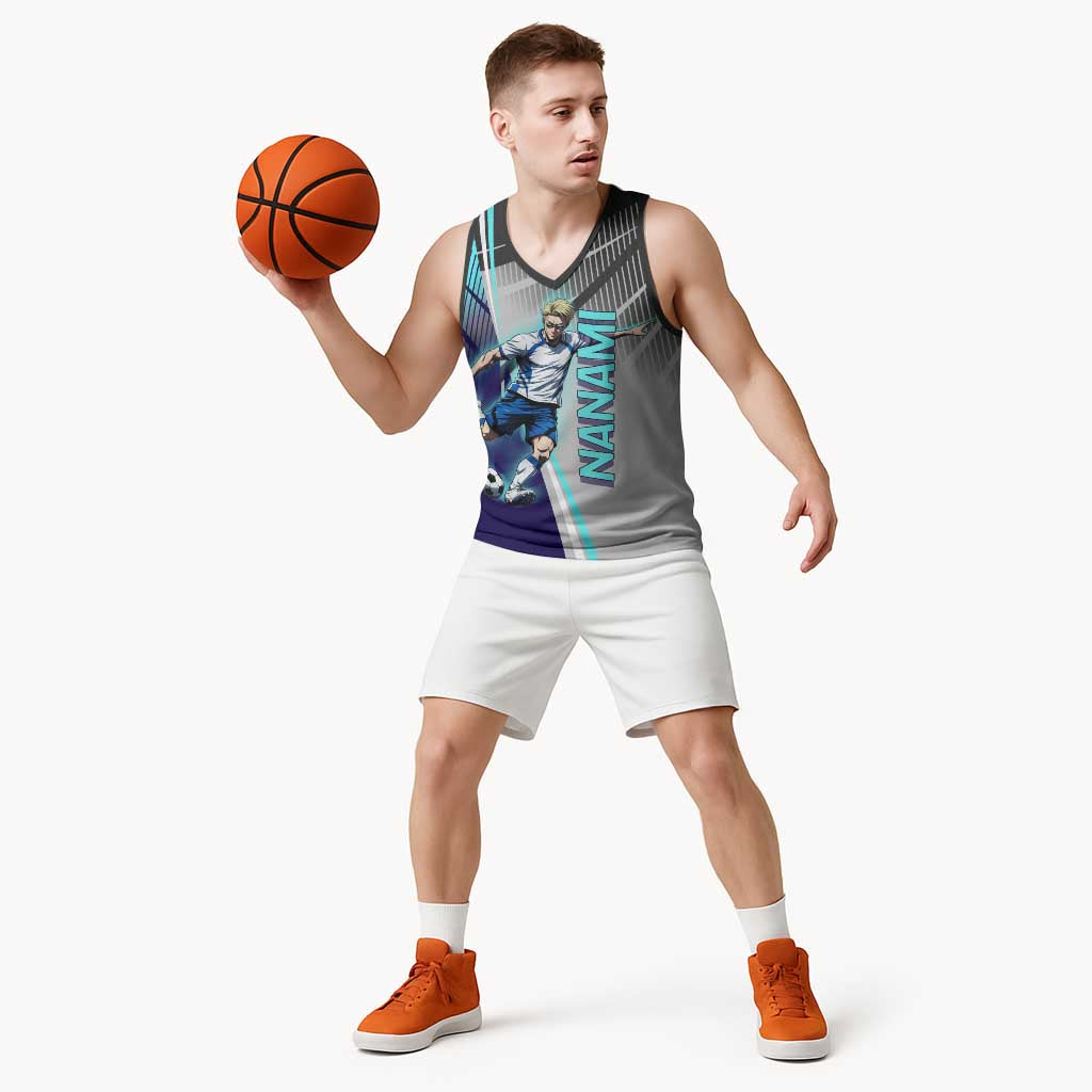 Personalized Nanami Kento Jujutsu Kaisen Basketball Jersey with Teal Highlights and Dynamic Kick Pose