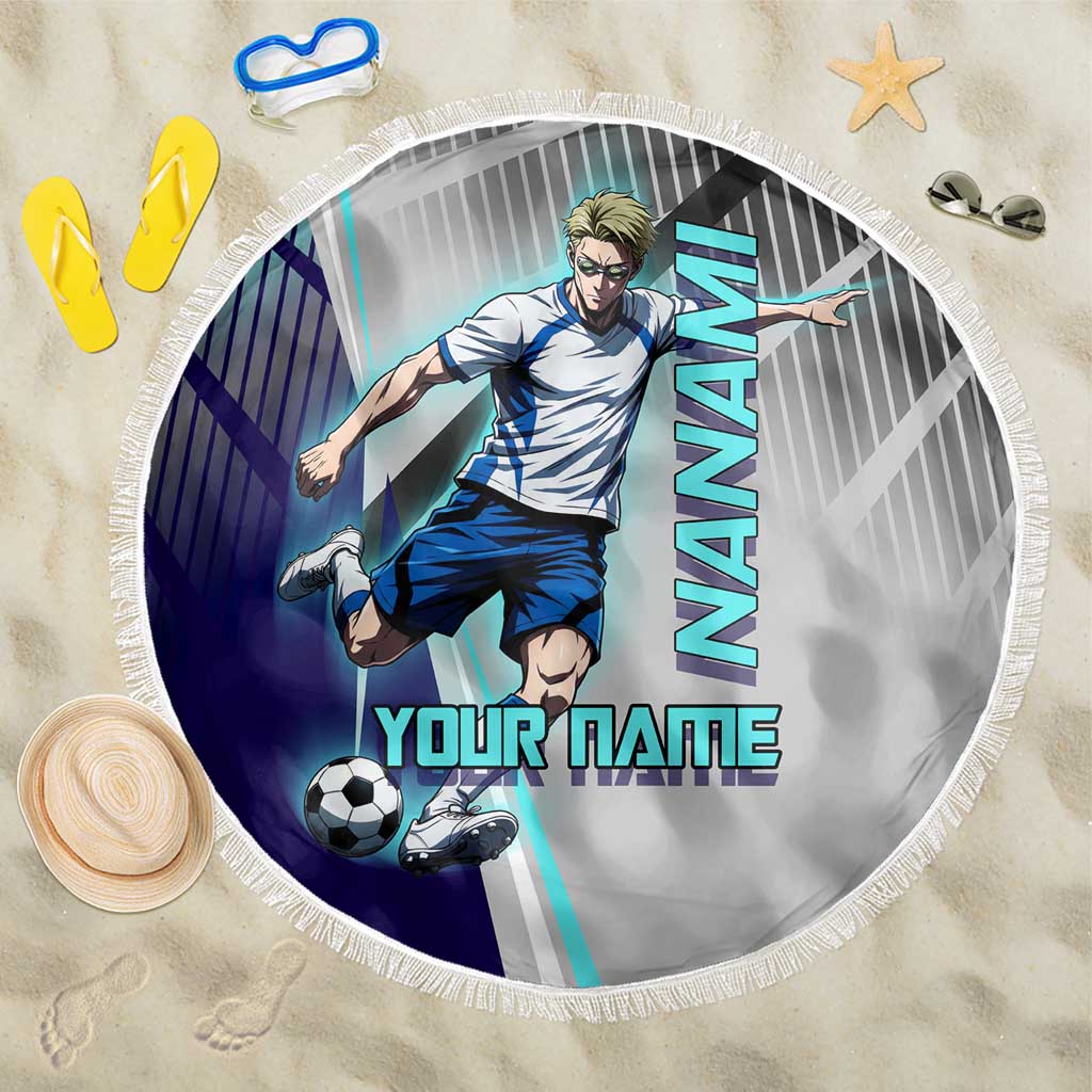 Personalized Nanami Kento Jujutsu Kaisen Beach Blanket with Teal Highlights and Dynamic Kick Pose