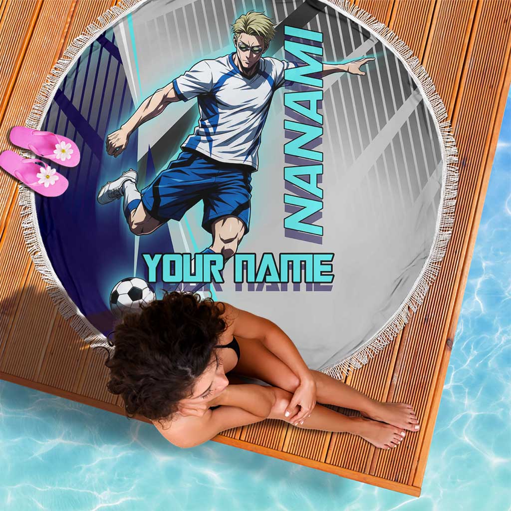 Personalized Nanami Kento Jujutsu Kaisen Beach Blanket with Teal Highlights and Dynamic Kick Pose