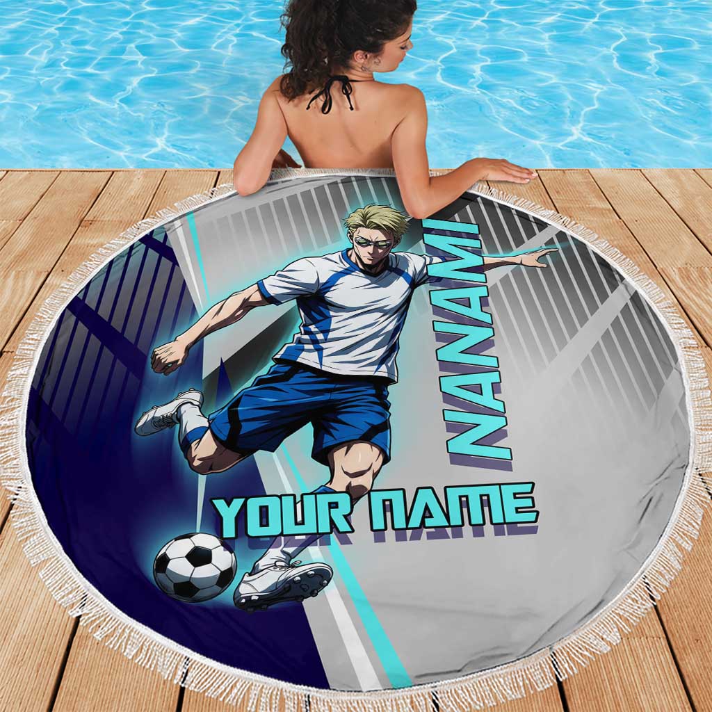Personalized Nanami Kento Jujutsu Kaisen Beach Blanket with Teal Highlights and Dynamic Kick Pose