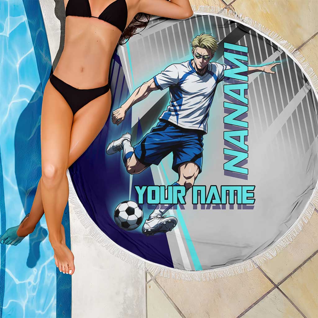 Personalized Nanami Kento Jujutsu Kaisen Beach Blanket with Teal Highlights and Dynamic Kick Pose