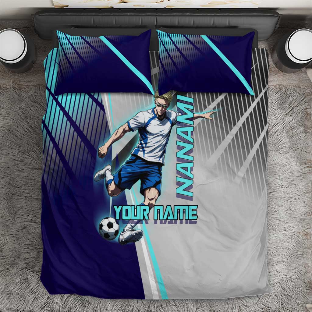 Personalized Nanami Kento Jujutsu Kaisen Bedding Set with Teal Highlights and Dynamic Kick Pose