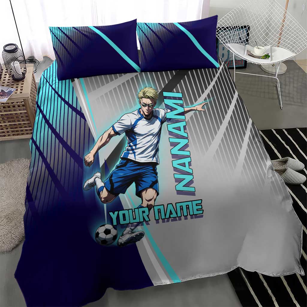 Personalized Nanami Kento Jujutsu Kaisen Bedding Set with Teal Highlights and Dynamic Kick Pose