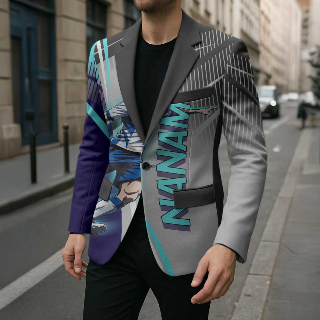 Personalized Nanami Kento Jujutsu Kaisen Blazer with Teal Highlights and Dynamic Kick Pose