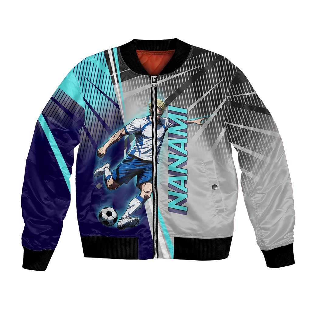 Personalized Nanami Kento Jujutsu Kaisen Bomber Jacket with Teal Highlights and Dynamic Kick Pose
