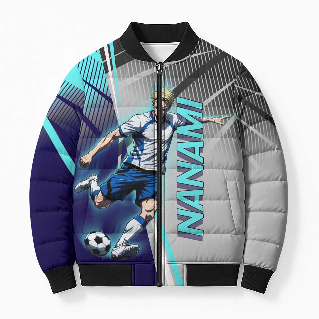 Personalized Nanami Kento Jujutsu Kaisen Bomber Puffer Jacket with Teal Highlights and Dynamic Kick Pose