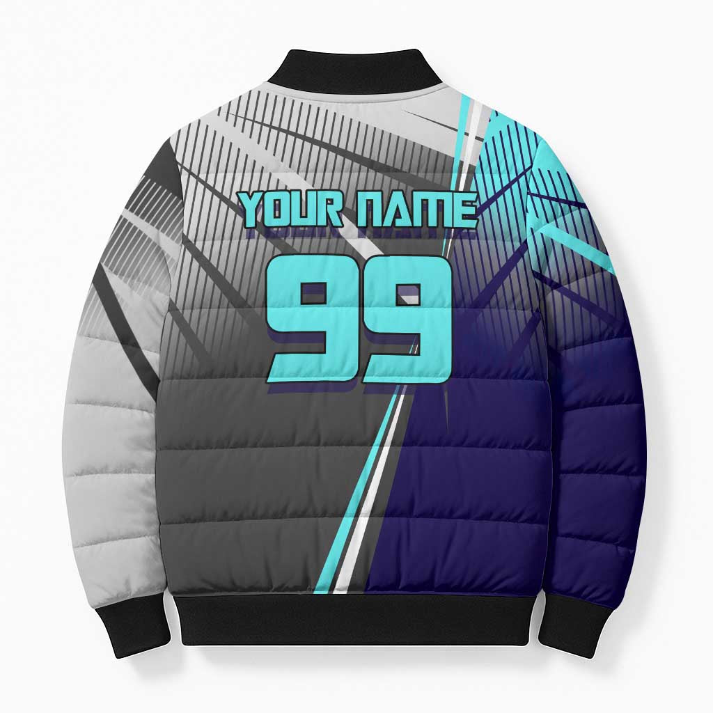 Personalized Nanami Kento Jujutsu Kaisen Bomber Puffer Jacket with Teal Highlights and Dynamic Kick Pose