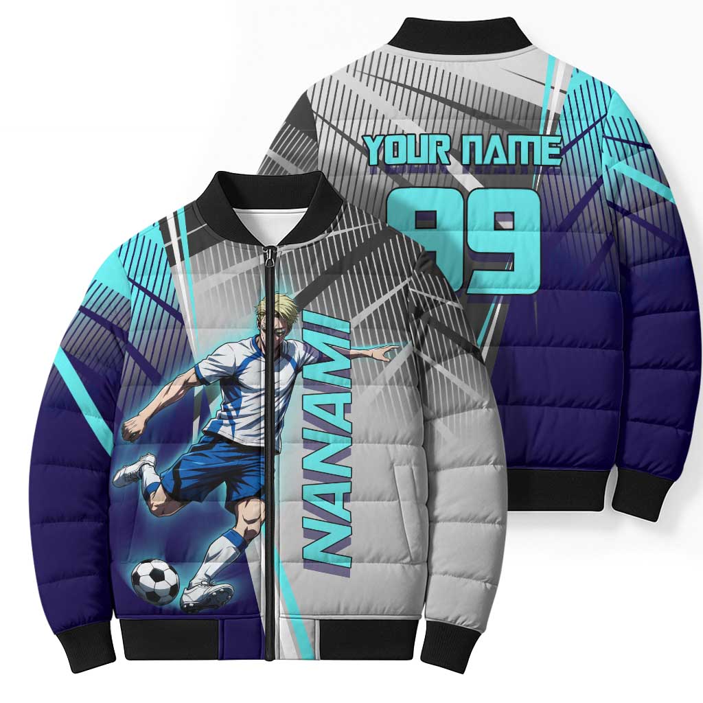 Personalized Nanami Kento Jujutsu Kaisen Bomber Puffer Jacket with Teal Highlights and Dynamic Kick Pose