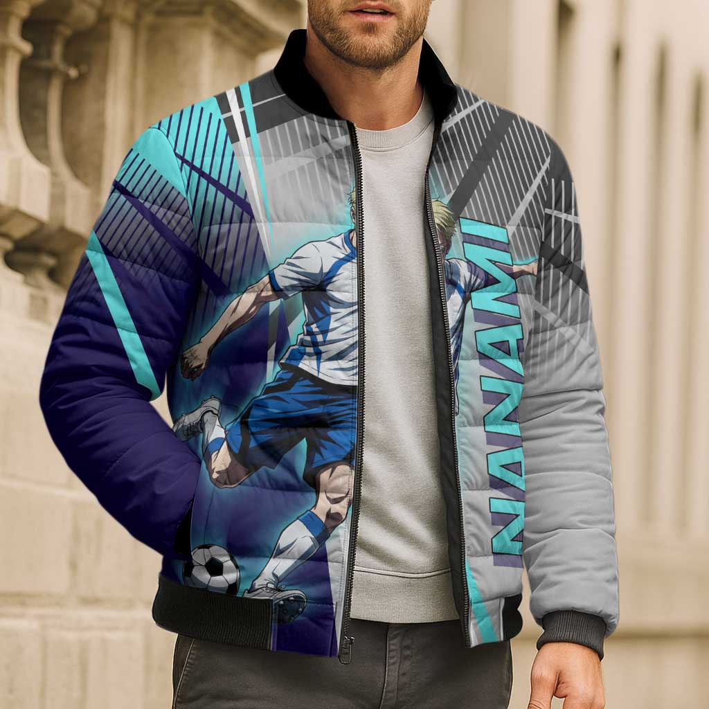 Personalized Nanami Kento Jujutsu Kaisen Bomber Puffer Jacket with Teal Highlights and Dynamic Kick Pose
