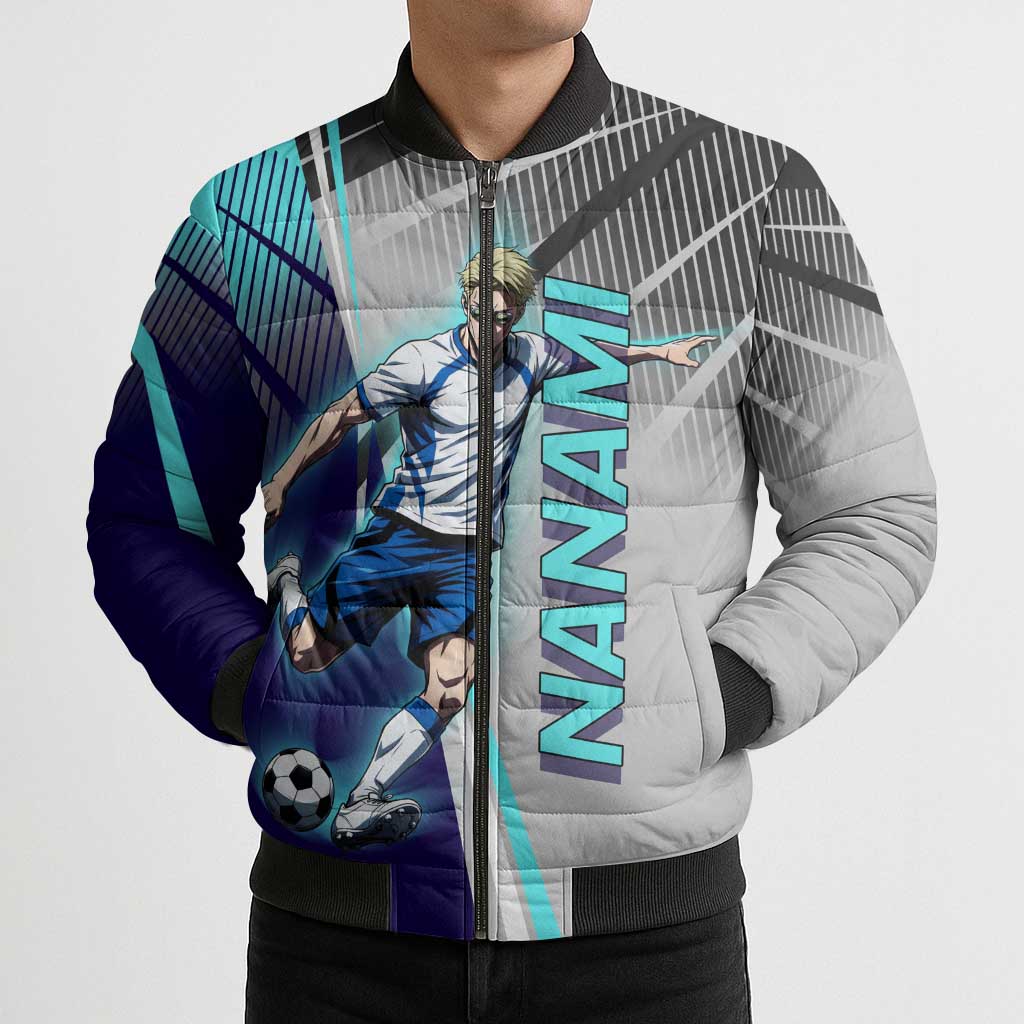 Personalized Nanami Kento Jujutsu Kaisen Bomber Puffer Jacket with Teal Highlights and Dynamic Kick Pose