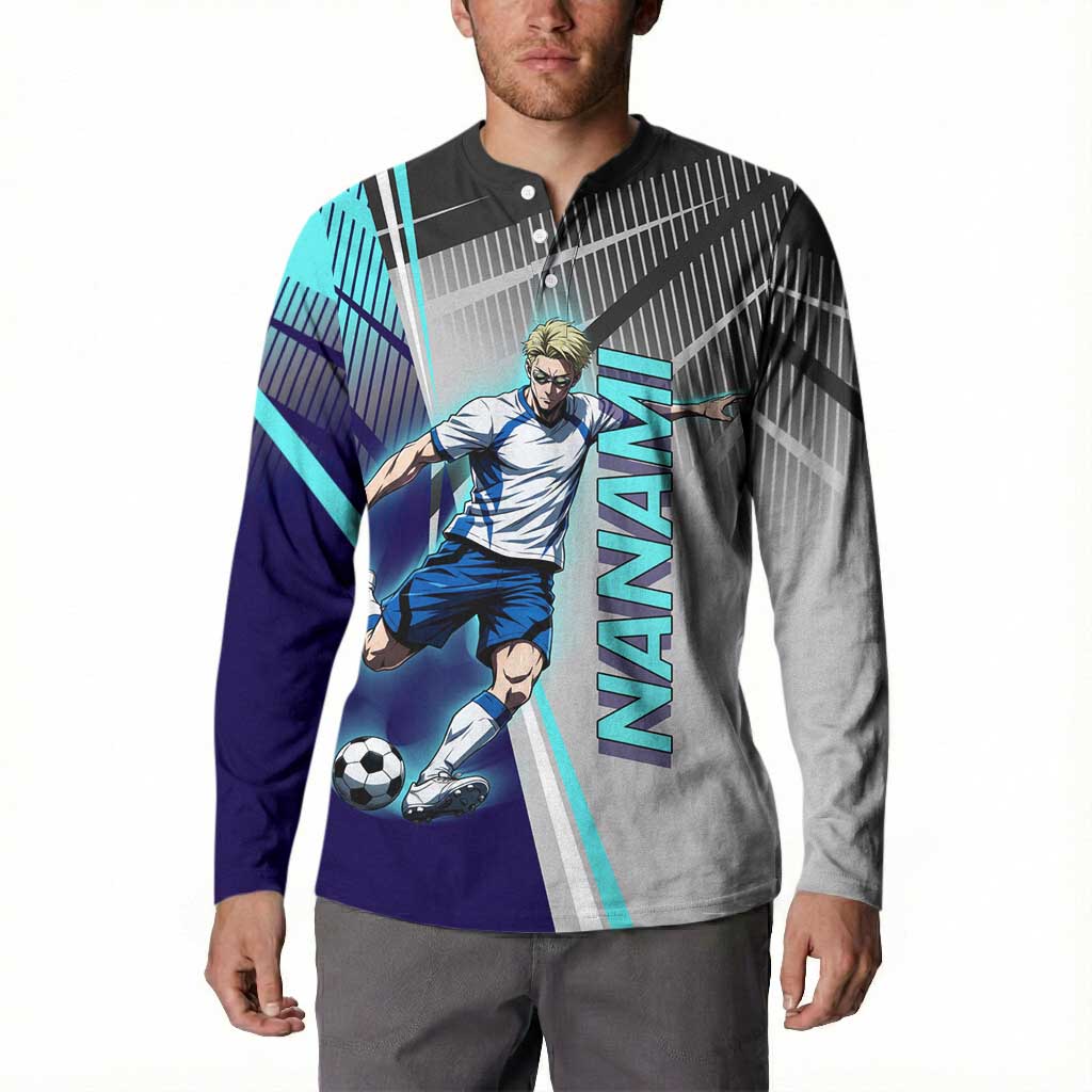Personalized Nanami Kento Jujutsu Kaisen Button Sweatshirt with Teal Highlights and Dynamic Kick Pose