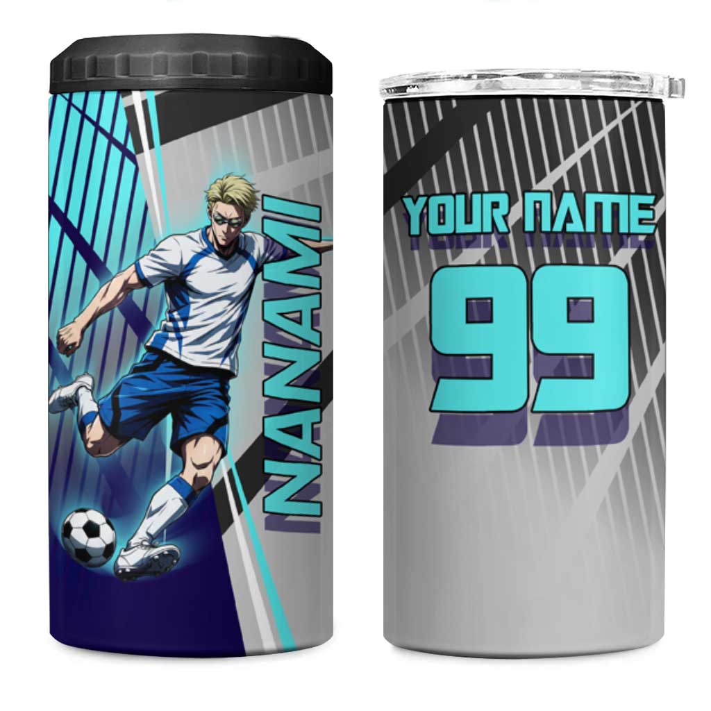 Personalized Nanami Kento Jujutsu Kaisen 4 in 1 Can Cooler Tumbler with Teal Highlights and Dynamic Kick Pose