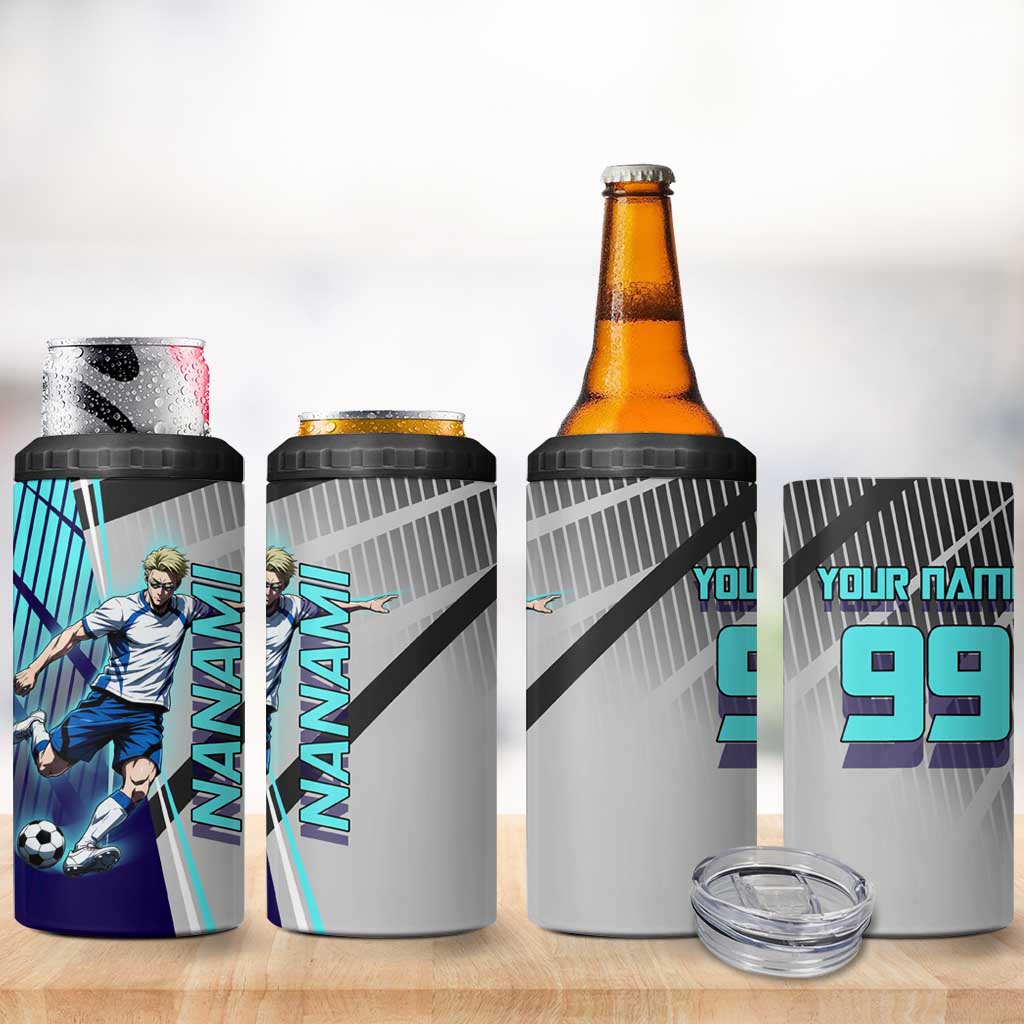 Personalized Nanami Kento Jujutsu Kaisen 4 in 1 Can Cooler Tumbler with Teal Highlights and Dynamic Kick Pose