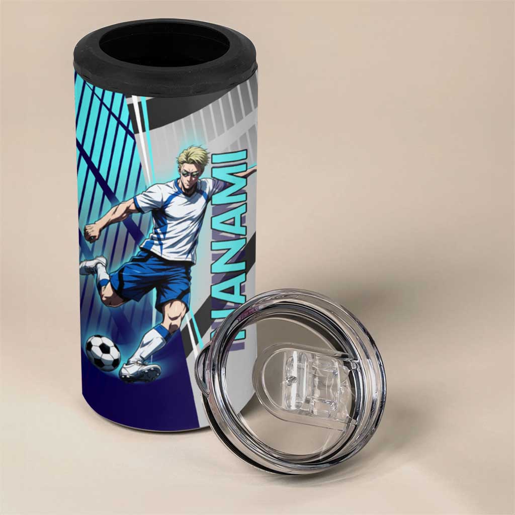 Personalized Nanami Kento Jujutsu Kaisen 4 in 1 Can Cooler Tumbler with Teal Highlights and Dynamic Kick Pose