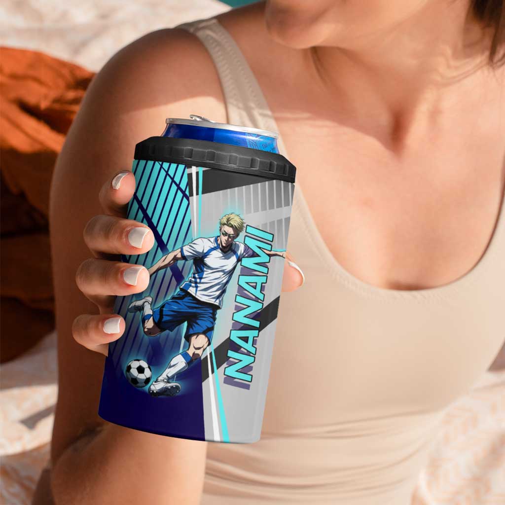 Personalized Nanami Kento Jujutsu Kaisen 4 in 1 Can Cooler Tumbler with Teal Highlights and Dynamic Kick Pose
