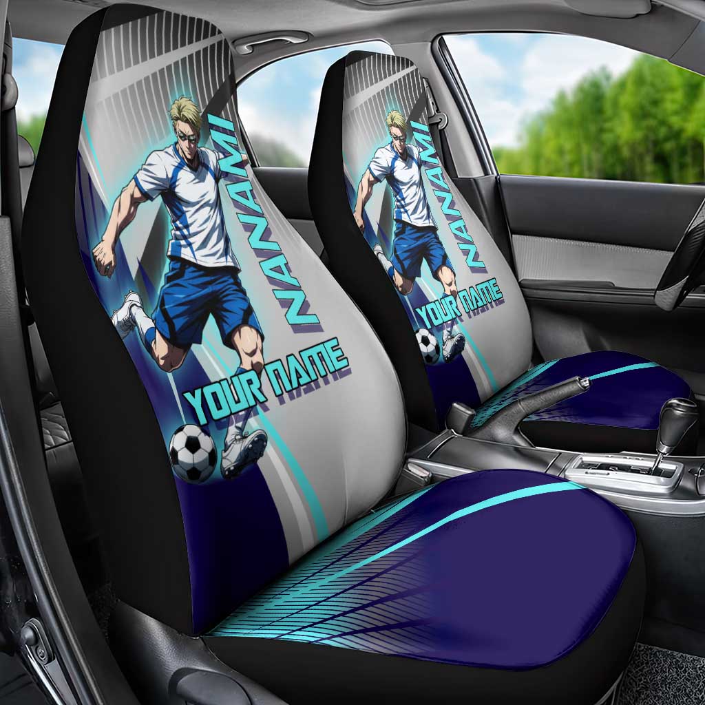 Personalized Nanami Kento Jujutsu Kaisen Car Seat Cover with Teal Highlights and Dynamic Kick Pose