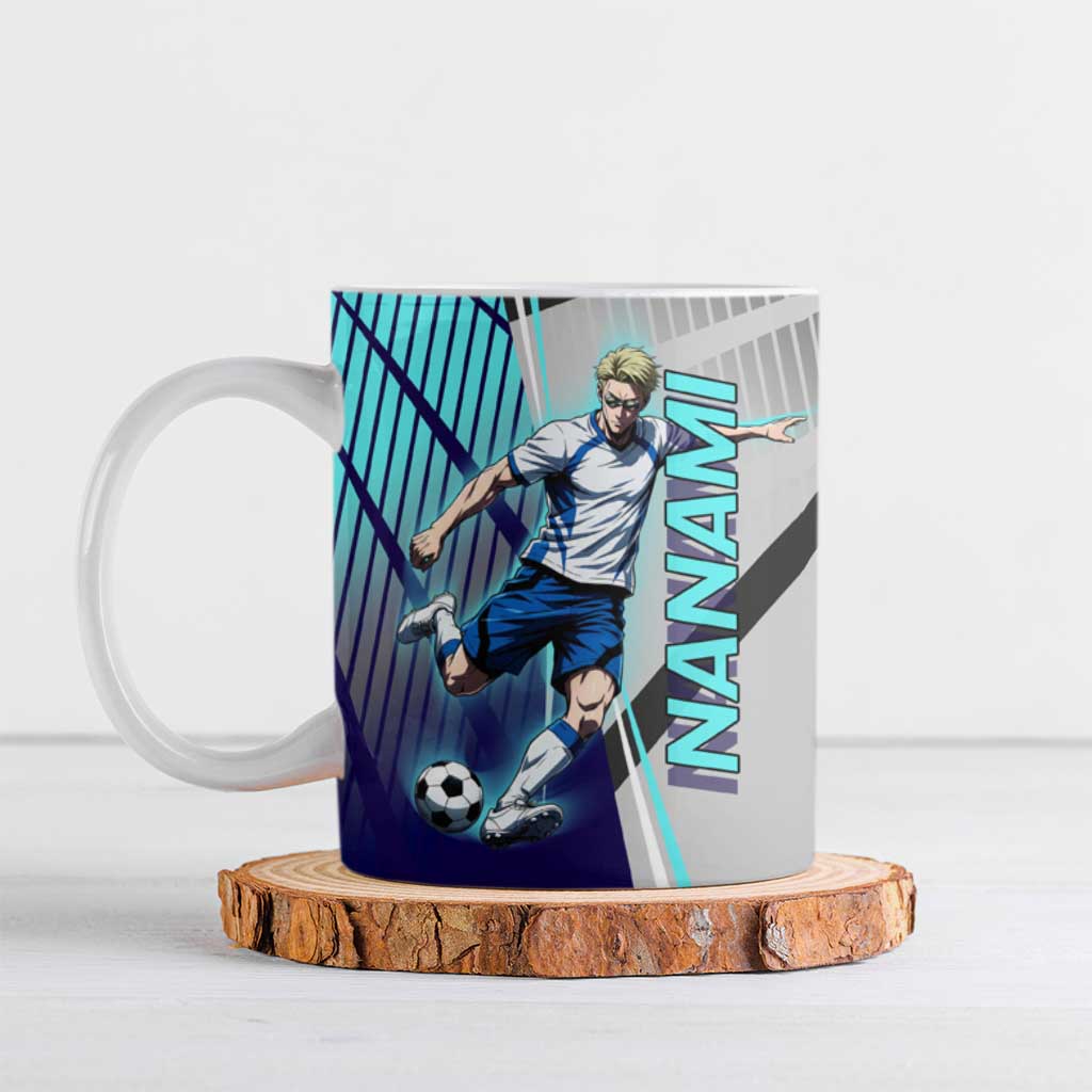 Personalized Nanami Kento Jujutsu Kaisen Ceramic Mug with Teal Highlights and Dynamic Kick Pose