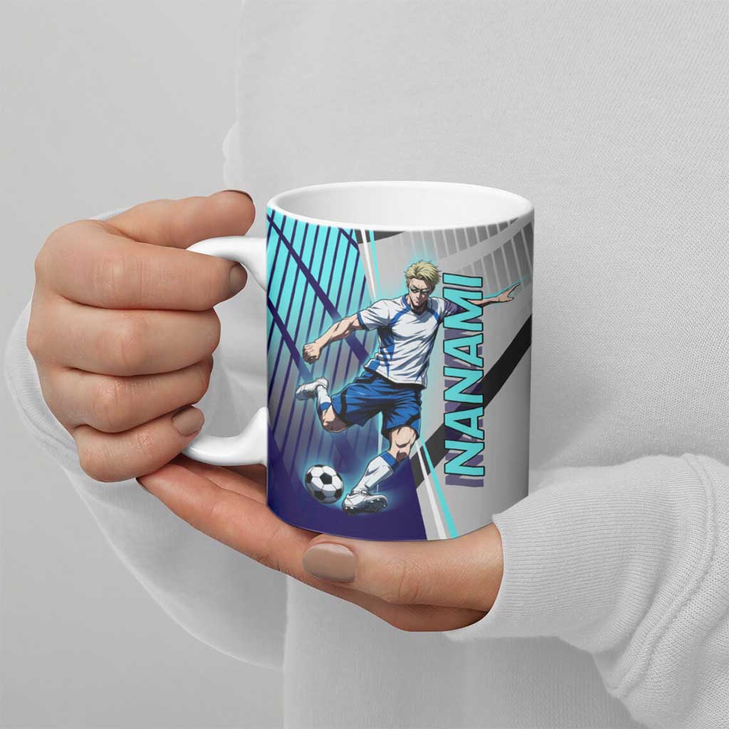 Personalized Nanami Kento Jujutsu Kaisen Ceramic Mug with Teal Highlights and Dynamic Kick Pose