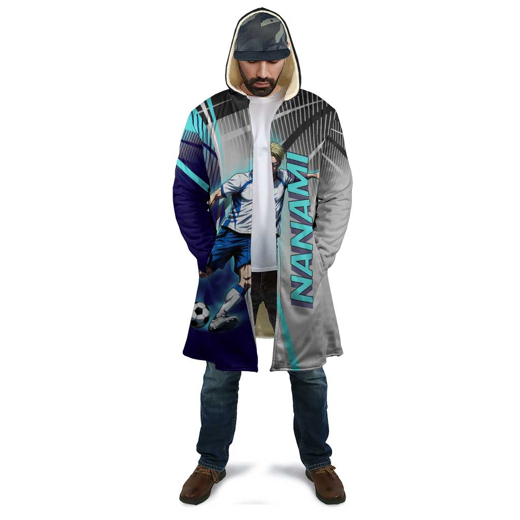 Personalized Nanami Kento Jujutsu Kaisen Cloak with Teal Highlights and Dynamic Kick Pose
