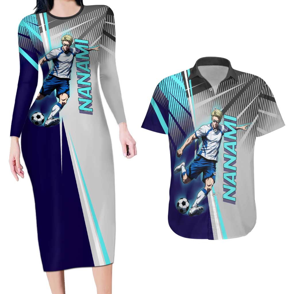 Personalized Nanami Kento Jujutsu Kaisen Couples Matching Long Sleeve Bodycon Dress and Hawaiian Shirt with Teal Highlights and Dynamic Kick Pose