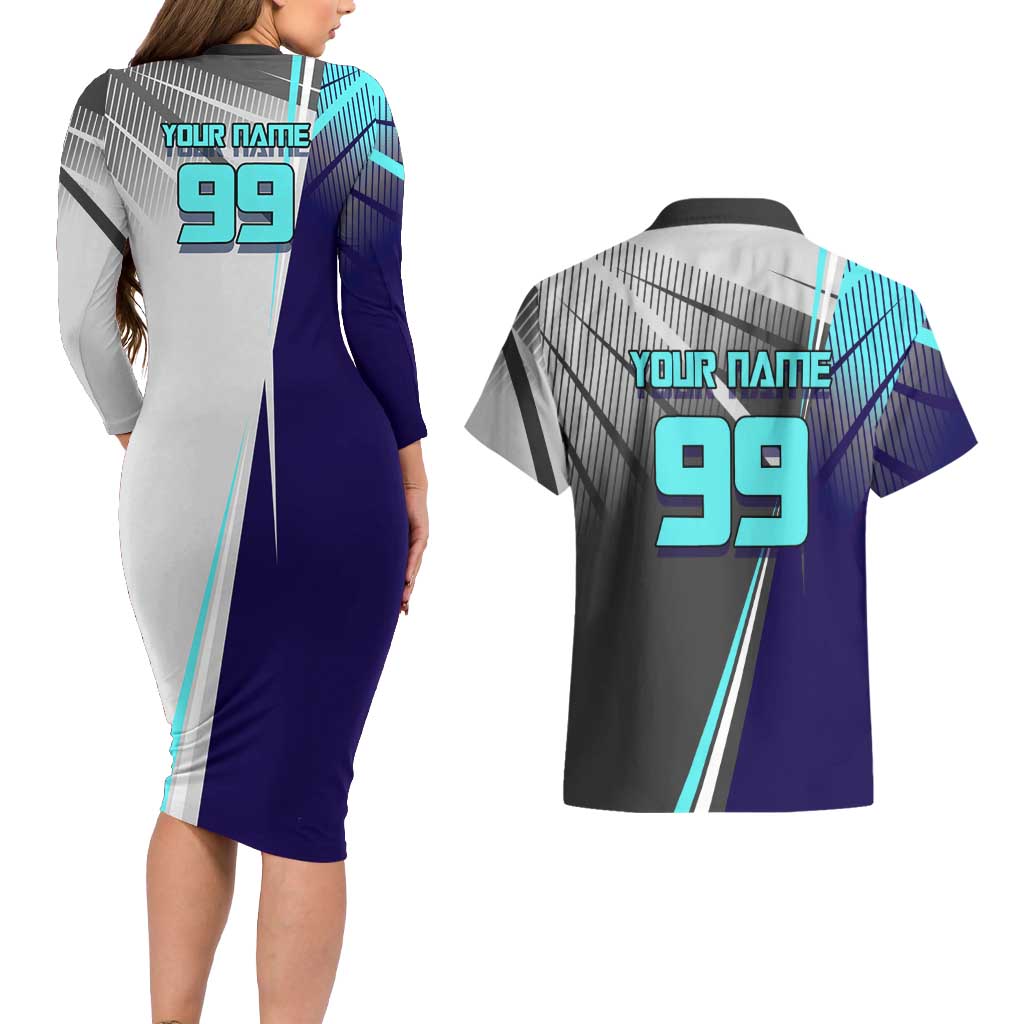 Personalized Nanami Kento Jujutsu Kaisen Couples Matching Long Sleeve Bodycon Dress and Hawaiian Shirt with Teal Highlights and Dynamic Kick Pose