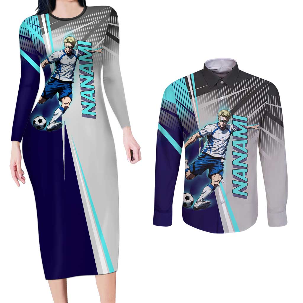 Personalized Nanami Kento Jujutsu Kaisen Couples Matching Long Sleeve Bodycon Dress and Long Sleeve Button Shirt with Teal Highlights and Dynamic Kick Pose