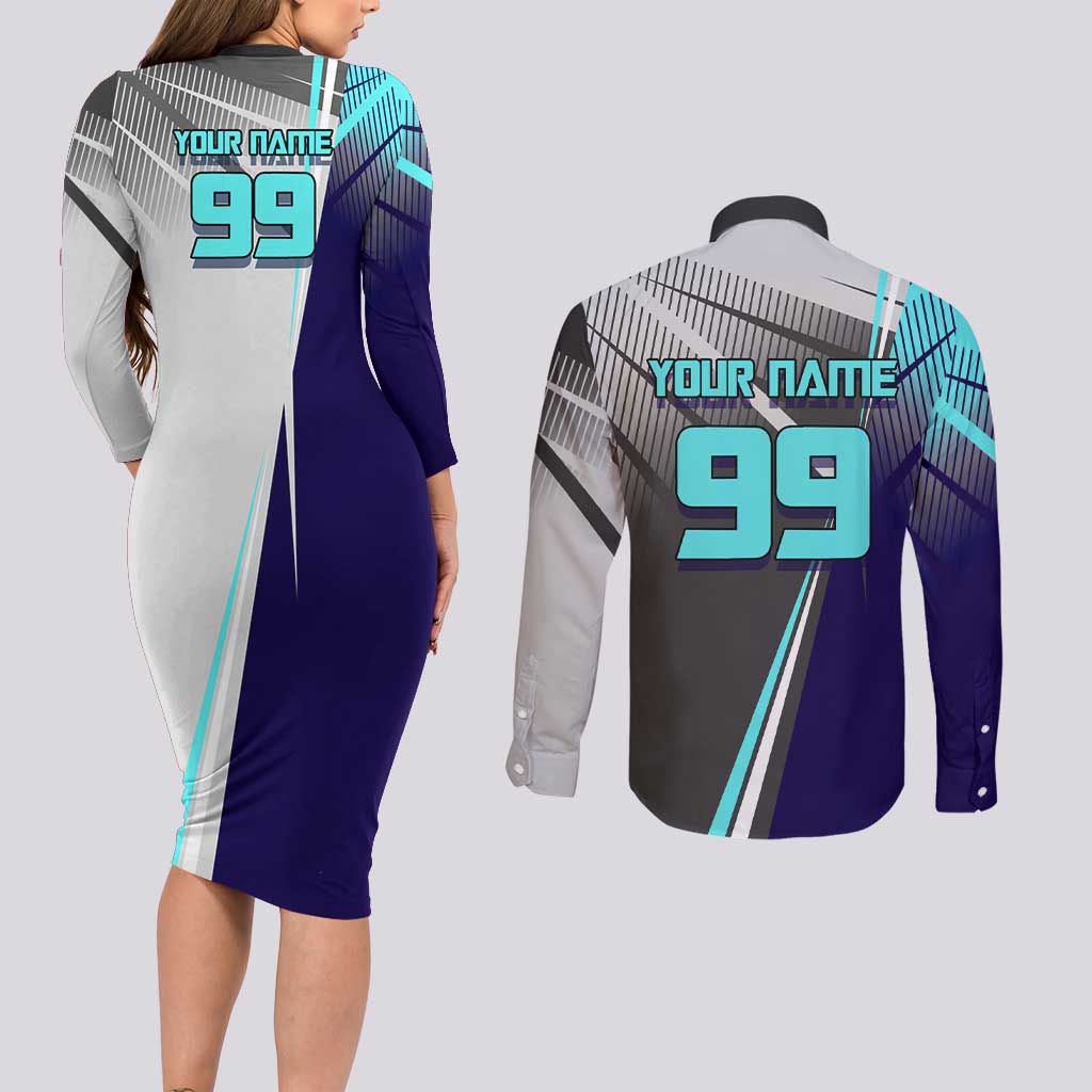 Personalized Nanami Kento Jujutsu Kaisen Couples Matching Long Sleeve Bodycon Dress and Long Sleeve Button Shirt with Teal Highlights and Dynamic Kick Pose